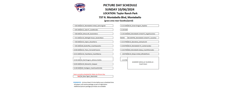 PICTURE DAY - SUNDAY 10/6/2024